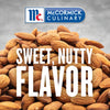 A close-up of almonds with the McCormick Culinary logo in the top left corner and the text Sweet, Nutty Flavor in the center.