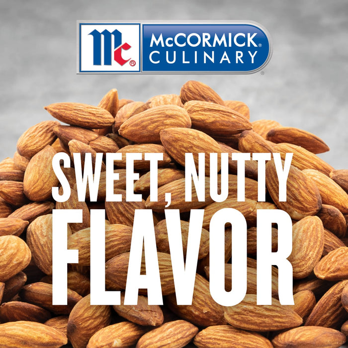 A close-up of almonds with the McCormick Culinary logo in the top left corner and the text Sweet, Nutty Flavor in the center.