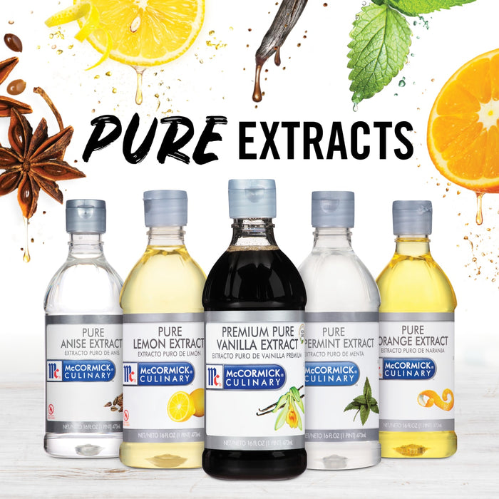 Five bottles of McCormick Culinary pure extracts, including anise, lemon, vanilla, peppermint, and orange.