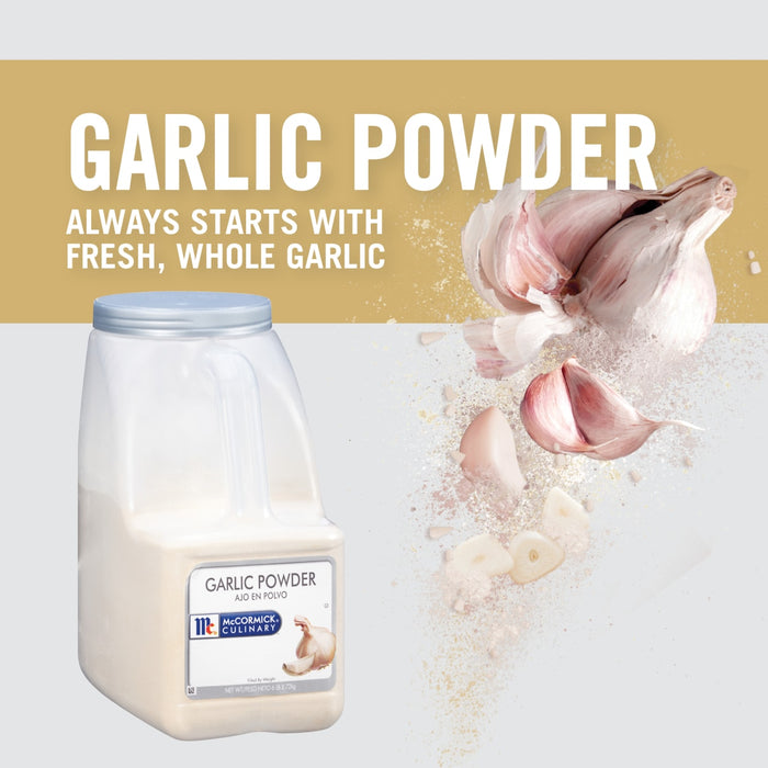 A container of McCormick Culinary Garlic Powder with whole garlic cloves in the background.
