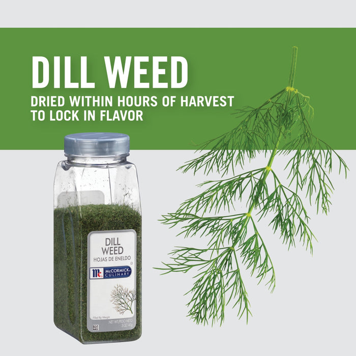 A jar of McCormick Culinary Dill Weed with a sprig of dill in the background.