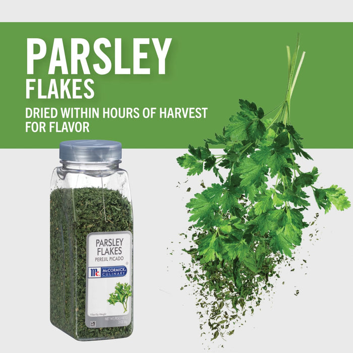 A jar of McCormick Culinary Parsley Flakes with fresh parsley falling from the top.