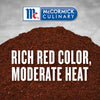 McCormick Culinary logo with a pile of red chili powder with the text Rich Red Color Moderate Heat.