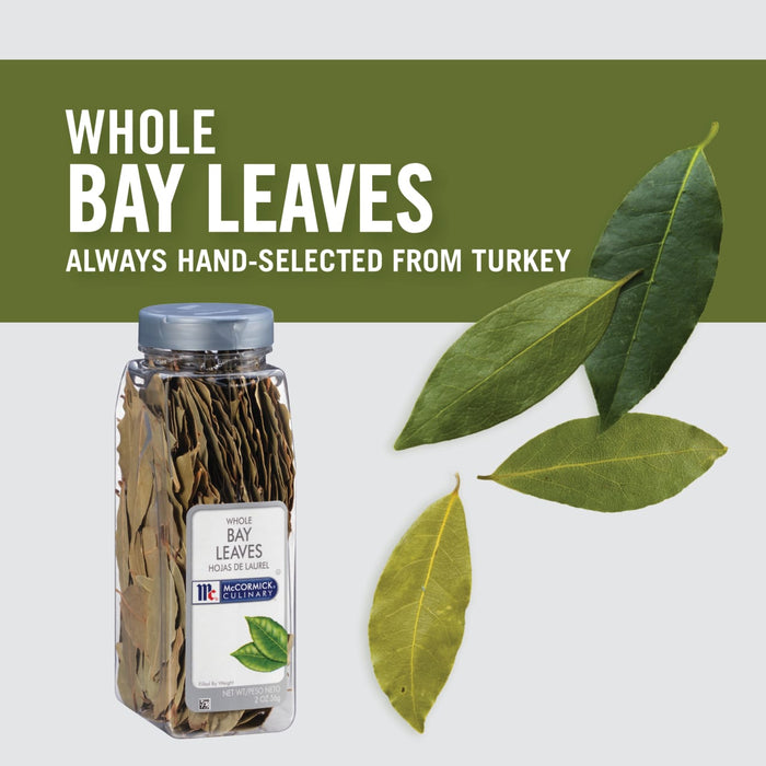 A jar of McCormick Culinary Whole Bay Leaves hand-selected from Turkey with bay leaves scattered around it.