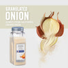 A container of McCormick Culinary Granulated Onion with a whole onion and onion peels in the background.