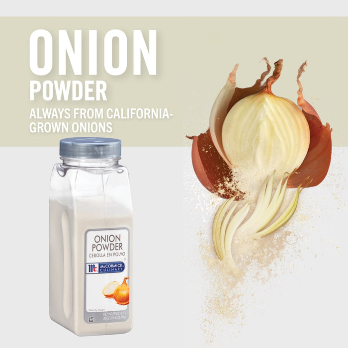 A container of McCormick Culinary Onion Powder with a sliced onion in the background.