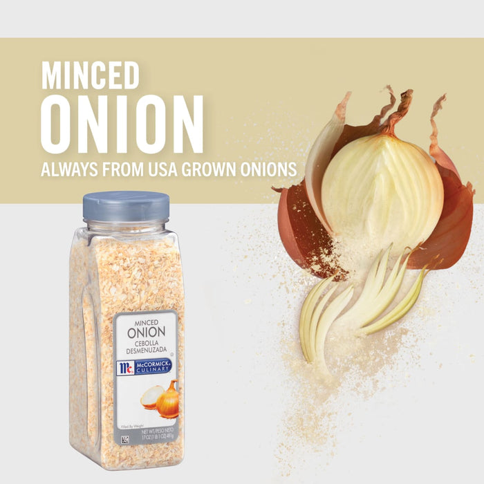 A jar of McCormick Culinary Minced Onion with a whole onion and onion peels in the background.
