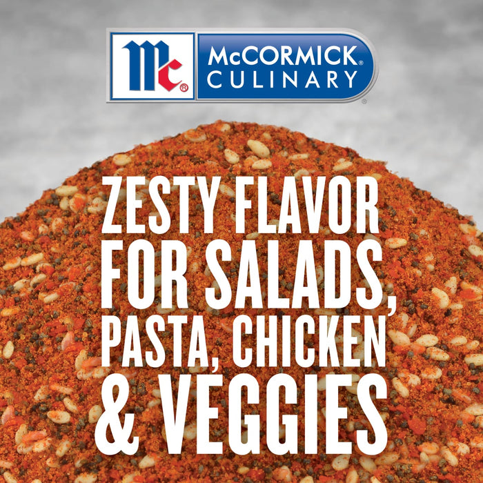 McCormick Culinary Zesty Flavor for Salads Pasta Chicken &amp; Veggies is a logo with a pile of spices.