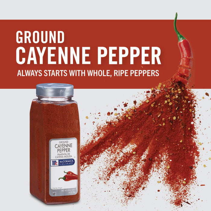 A jar of McCormick Culinary Ground Cayenne Pepper with a red chili pepper bursting into a pile of cayenne pepper.