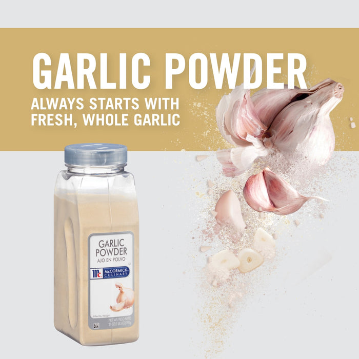A jar of McCormick Garlic Powder with fresh garlic cloves in the background.