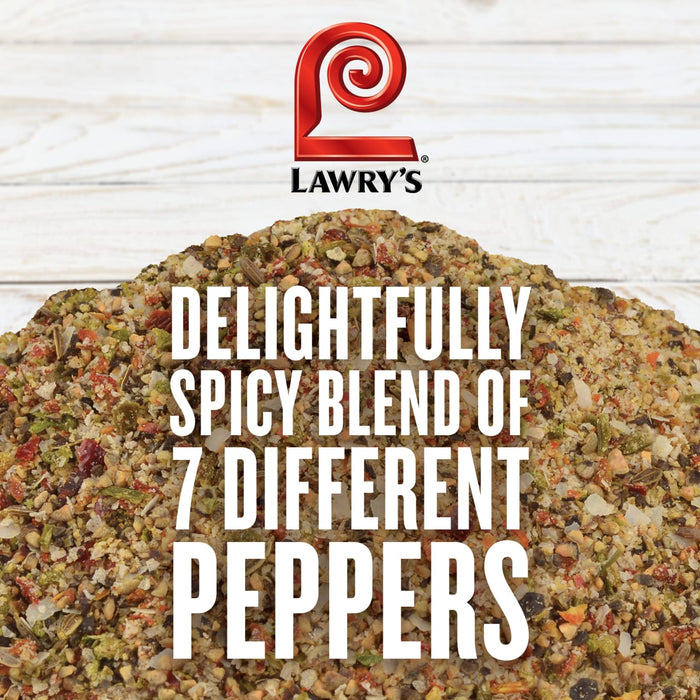 A close-up of Lawrys Seasoning Blend a mix of 7 different peppers.