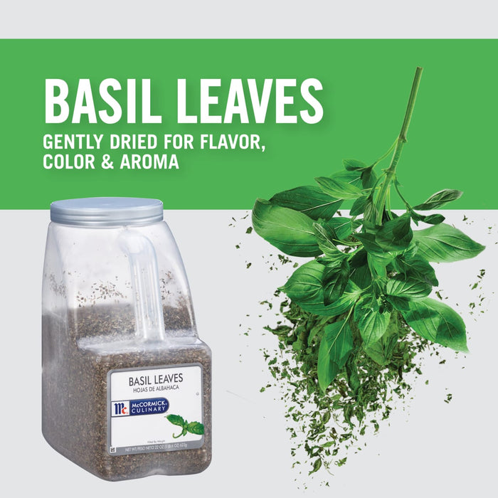 A container of McCormick Culinary Basil Leaves with fresh basil leaves falling from the top.