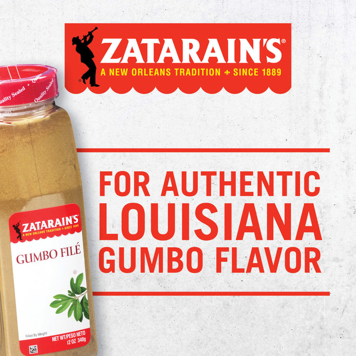 A Zatarain\s Gumbo File seasoning jar with a red and white label and a red background with the words For Authentic Louisiana Gumbo Flavor.