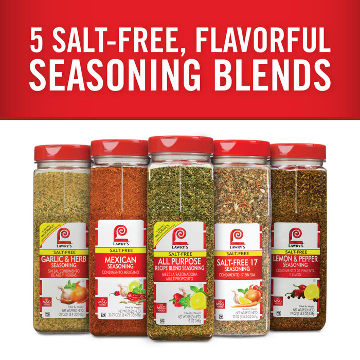 Five Lawrys Salt-Free Seasoning Blends in glass jars with red lids.