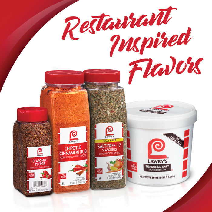 Lawrys Seasoned Salt Seasoned Pepper Chipotle Cinnamon Rub and Salt-Free 17 Seasoning are shown in their containers.