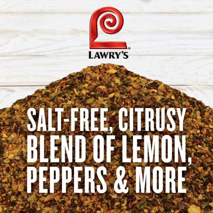 A close-up of Lawrys Salt-Free Citrusy Blend of Lemon Peppers &amp; More seasoning.