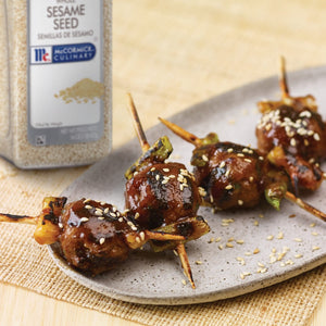 McCormick Culinary Sesame Seed is used to make a delicious and flavorful meatball skewer.