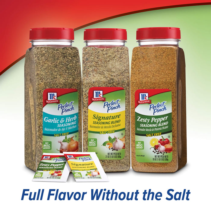 Three McCormick Perfect Pinch salt-free seasoning blends: Garlic &amp; Herb Signature and Zesty Pepper.