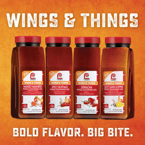 Four Lawrys Wings &amp; Things seasoning mixes are shown with their ingredients and weight.