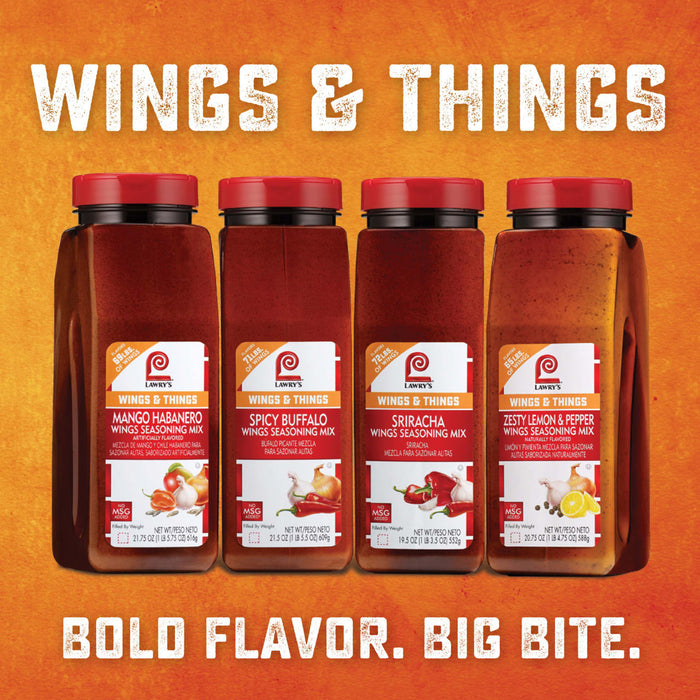 Four Lawrys Wings &amp; Things seasoning mixes are shown with their ingredients and weight.