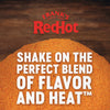 Frank\s RedHot logo with the tagline Shake on the perfect blend of flavor and heat over a pile of orange seasoning.