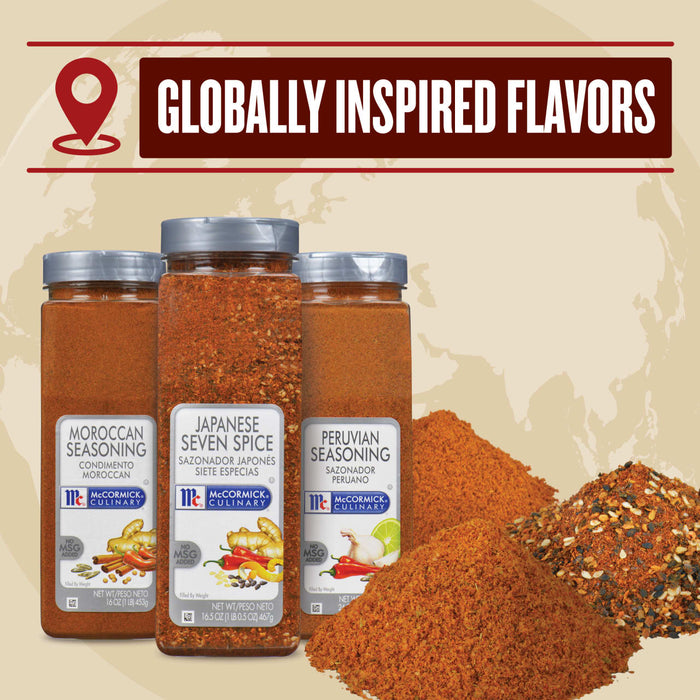 Three McCormick Culinary seasoning jars with different flavors: Moroccan Japanese Seven Spice and Peruvian.