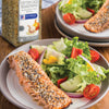 A plate of salmon with everything bagel seasoning from McCormick served with a side salad.