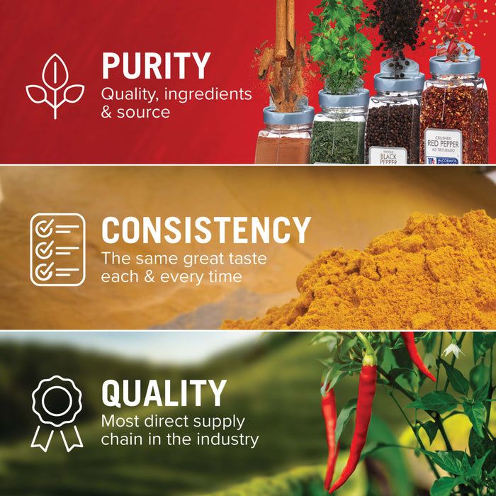 Three McCormick spices jars with the words purity consistency and quality with their definitions.