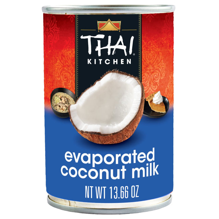 A can of Thai Kitchen evaporated coconut milk is displayed highlighting the brand and product.