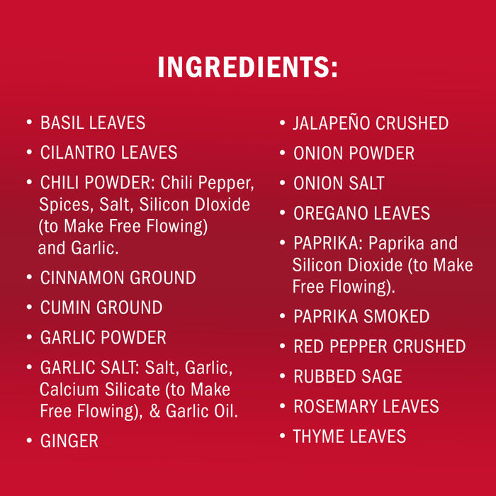The image shows a list of ingredients including basil leaves, chili powder, cilantro leaves, garlic powder, ginger, ground cinnamon, onion powder, oregano leaves, paprika, parsley flakes, and thyme leaves.