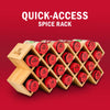 A quick-access spice rack with McCormick spices is displayed against a red background.