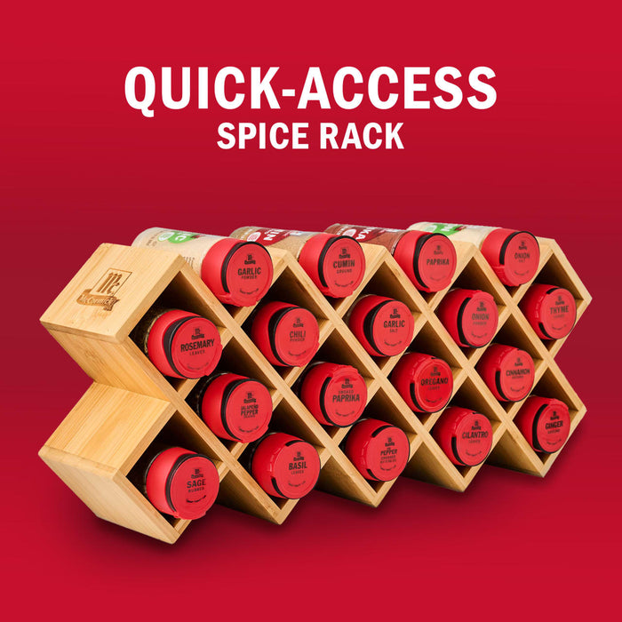 A quick-access spice rack with McCormick spices is displayed against a red background.