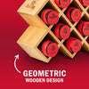 A geometric wooden spice rack holds red spice containers.