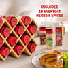 A McCormick spice rack with 18 everyday herbs and spices is displayed next to a plate of grilled chicken and rice.