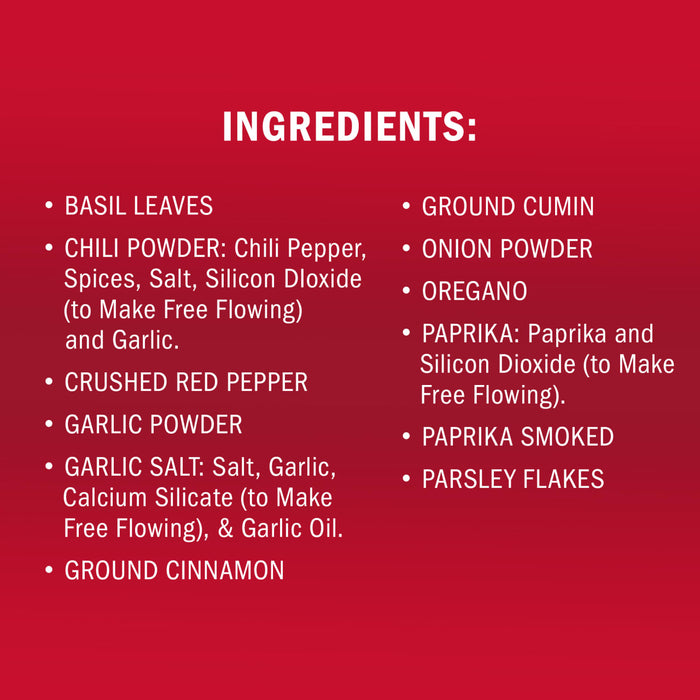 The image shows a list of ingredients including basil leaves, chili powder, crushed red pepper, garlic powder, garlic salt, ground cinnamon, ground cumin, onion powder, oregano, paprika, smoked paprika, and parsley flakes.