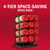 A 4-tier space-saving spice rack with spice jars is displayed against a red background.