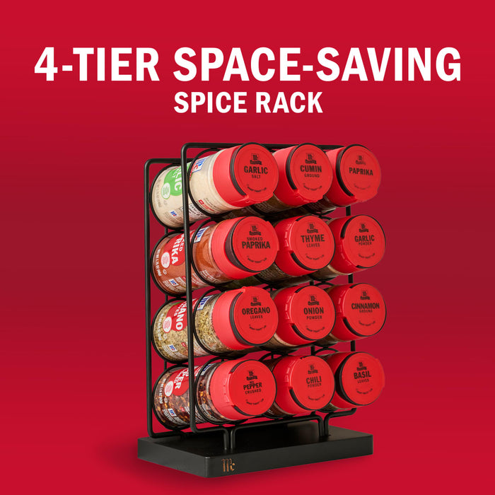 A 4-tier space-saving spice rack with spice jars is displayed against a red background.