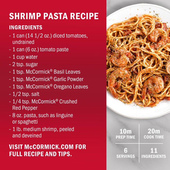 McCormick's Shrimp Pasta Recipe with a list of ingredients and a photo of the finished dish.