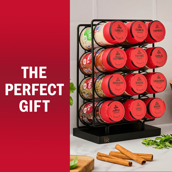 A KitchenArt spice rack with filled spice jars is displayed as the perfect gift.