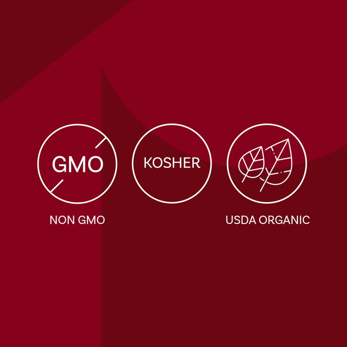 The image displays three icons indicating the product is Non-GMO, Kosher, and USDA Organic.
