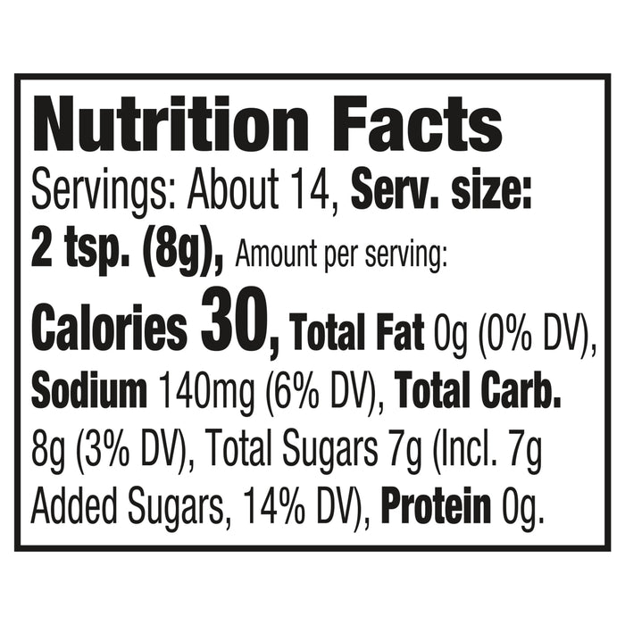 This is a nutrition facts label showing that a serving size of 2 teaspoons (8g) contains 30 calories, 0g of fat, 140mg of sodium, 8g of carbohydrates, 7g of total sugars (including 7g of added sugars), and 0g of protein.