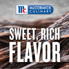 McCormick Culinary logo with the text Sweet Rich Flavor over a background of vanilla beans.