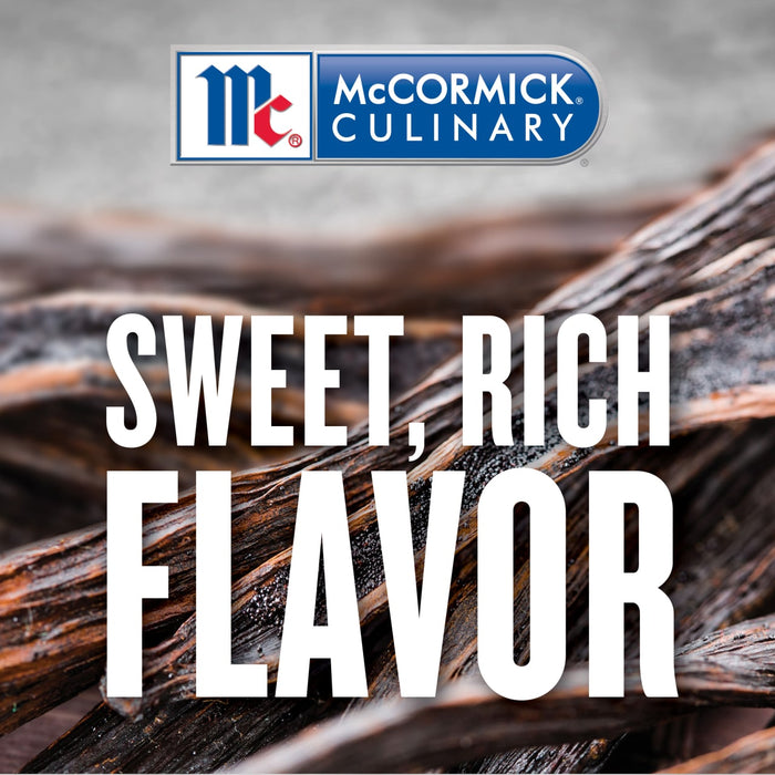 McCormick Culinary logo with the text Sweet Rich Flavor over a background of vanilla beans.