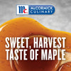 McCormick Culinary Sweet Harvest Taste of Maple is shown with a wooden spoon dipped in maple syrup.