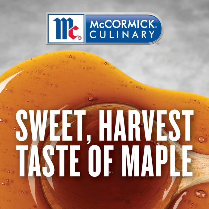 McCormick Culinary Sweet Harvest Taste of Maple is shown with a wooden spoon dipped in maple syrup.