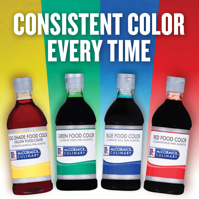 Four bottles of McCormick Culinary food coloring in yellow green blue and red.