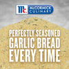 McCormick Culinary Garlic Bread Seasoning is shown with the text Perfectly Seasoned Garlic Bread Every Time.