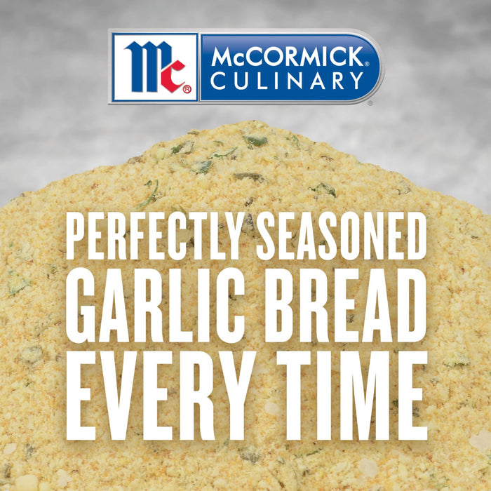 McCormick Culinary Garlic Bread Seasoning is shown with the text Perfectly Seasoned Garlic Bread Every Time.