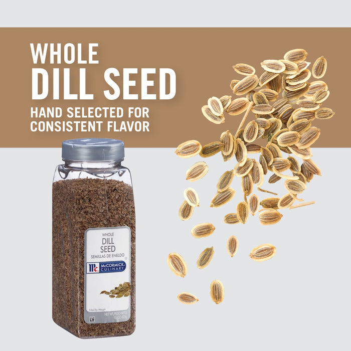 A bottle of McCormick Culinary Whole Dill Seed with dill seeds scattered around it.