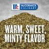 McCormick Culinary oregano with the text Warm Sweet Minty Flavor on top.